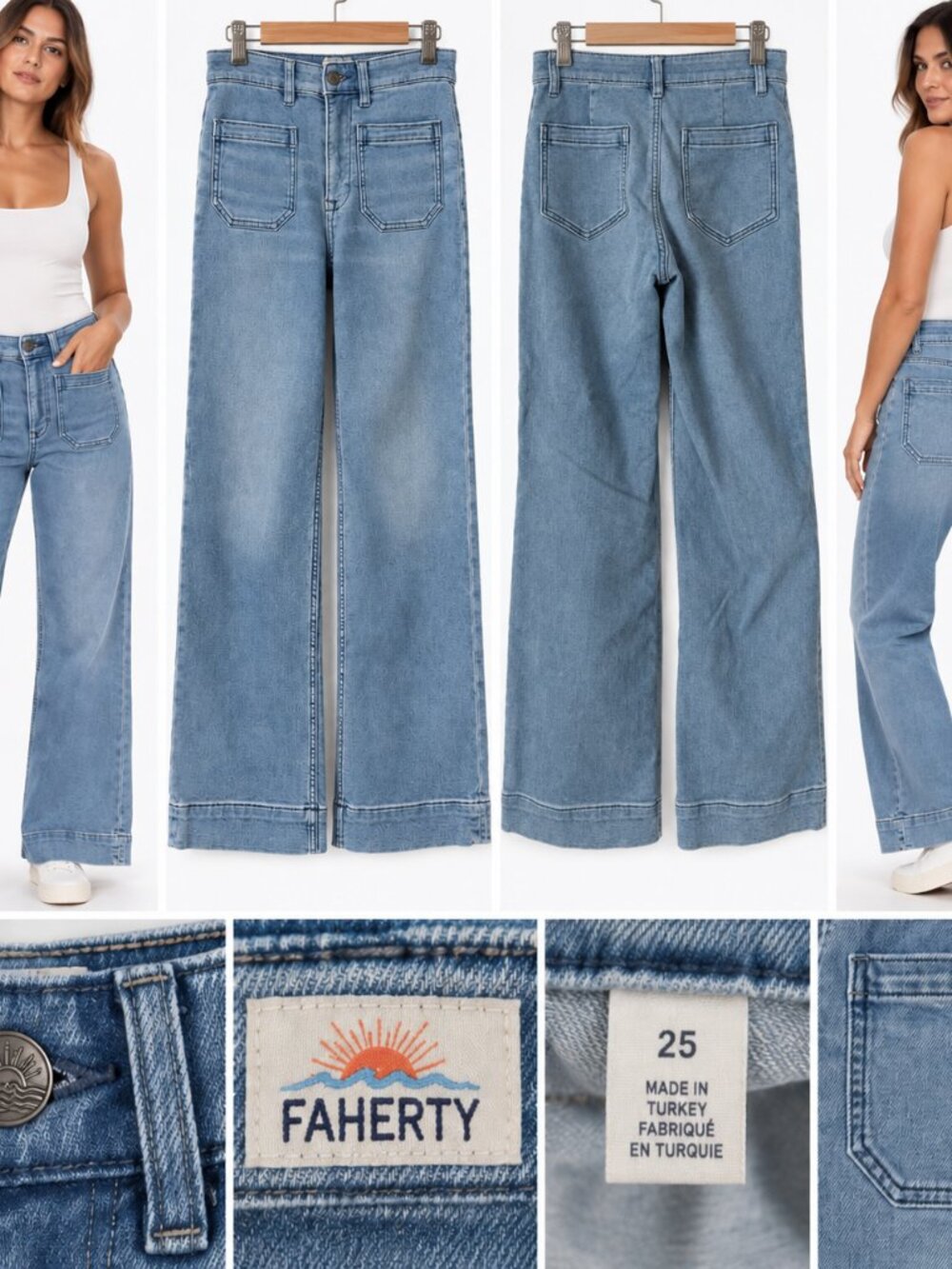 Faherty Sz 25 Light Wash High Rise Wide Leg Jeans Patch Pockets Coastal Casual